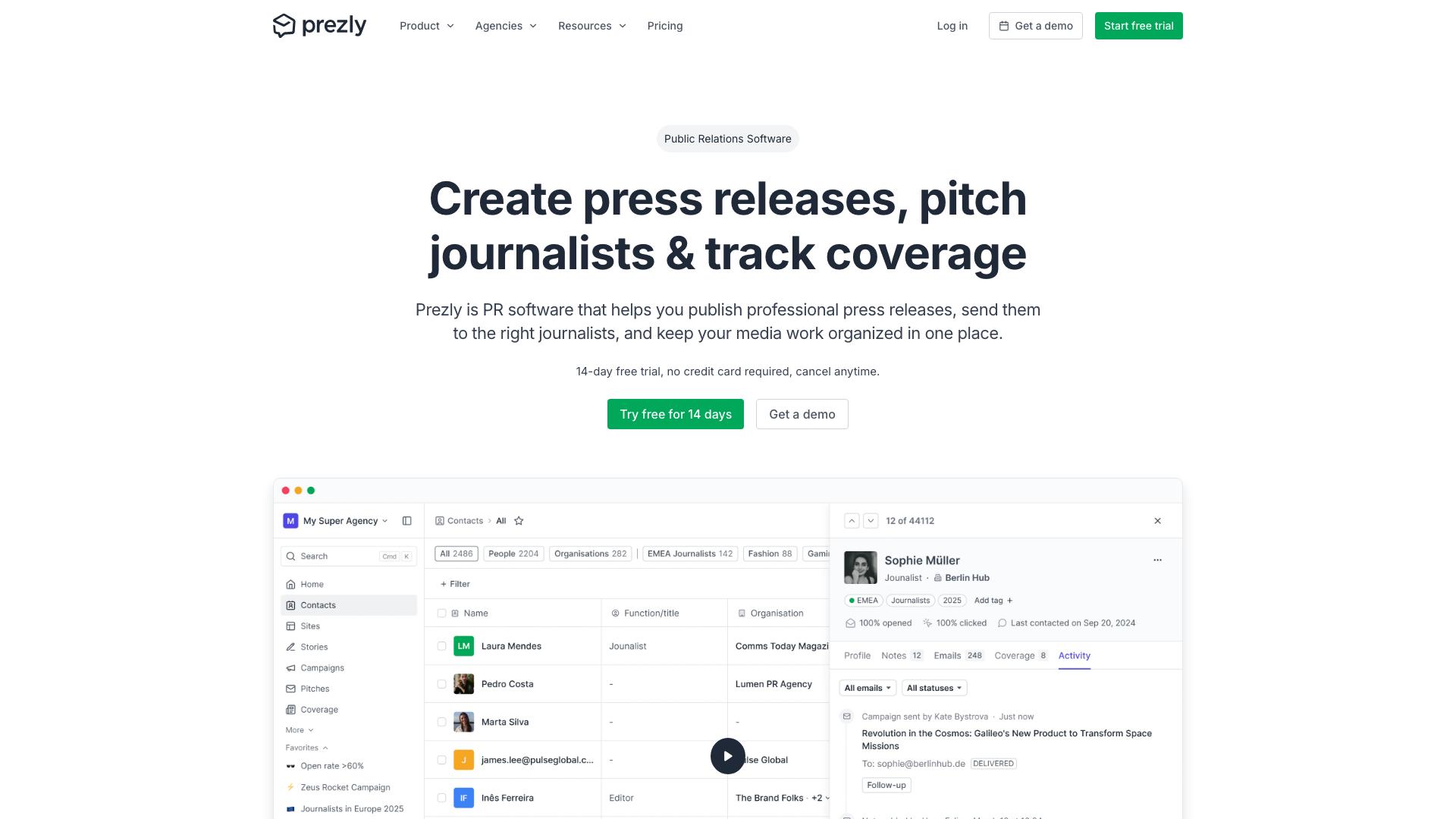 Prezly – Newsroom-Builder, Pressemitteilungen und Medienkontakt-CRM Prezly Dashboard – PR-Software für Medienarbeit